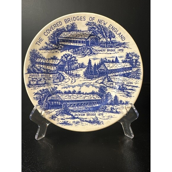 Vintage Covered Bridges of New England Blue & White Souvenir Plate 7.25" - Picture 1 of 6